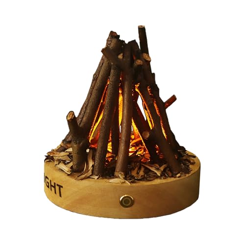 HEXNIGHT Rechargeable Campfire Night Light – Camping Lantern with Flame Sound, Log Design, 3 Lighting Modes for Ambient Lighting & White Noise Sleep (Wooden Color)