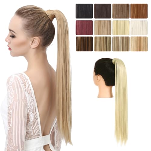 SARLA Ponytail Hair Extension Wrap Around Long Straight 24 Inch Synthetic Hairpiece for Women Beach Blonde