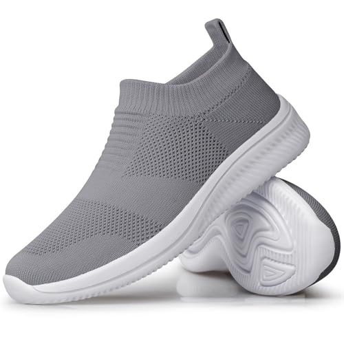 Image of vibdiv Men Walking Shoes Sneakers Tennis Breathable Pull-on Lightweight Comfortable Casual Mesh Gray White 10.5