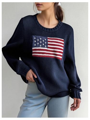 Milumia Girl's American Flag Knit Sweater Long Sleeve Crewneck Loose Pullover Tops Knitwear2