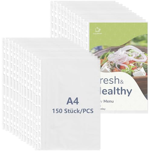 Oungy 150 Stück Prospekthüllen A4 Glasklar, 60 my Extra Dick Klarsichthüllen A4 Glasklar, Klarsichtfolien A4 Glasklar zum Schutz von Papier, Akten, Glassichtshüllen Din A4 ideal für Ordner Ringbücher
