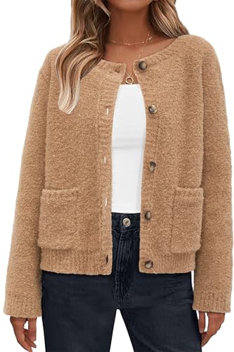 Image of Arach&Cloz Women's Open Front Cardigan Sweaters Fall Fashion Button Down Knit Chunky Outwear Coats with Pockets