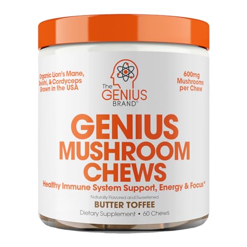 The Genius Brand Genius Mushroom - Plant-Based Supplement for Immune Focus & Energy Support - Lions Mane Cordyceps & Reishi - Organic & Non-GMO - Butter Toffee - 60 Soft Chews