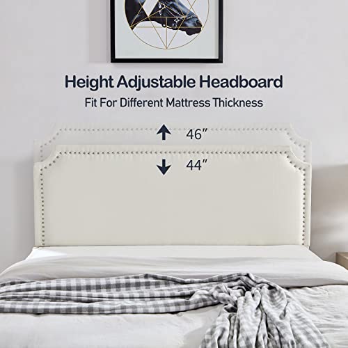 King Bed Frame Beige Linen Fabric Upholstered Platform Bed Frame With Decoration Rivets Curved Adjustable Headboard,Sturdy Wooden Slats Support,No Box Spring Needed,Easy Assembly,Noise Free Design #TOP5