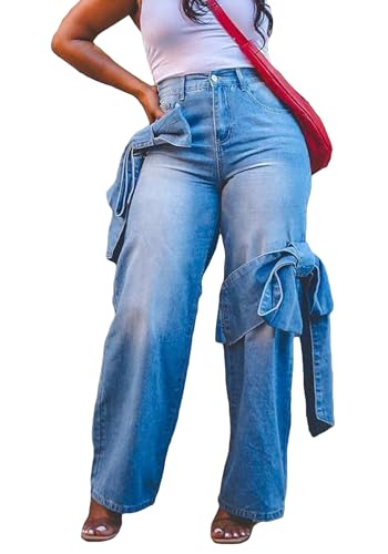 Voghtic Baggy Cargo Jeans for Women Wide Leg High Waist Loose Boyfriend Jeans Bow-Knot Y2K Denim Pants