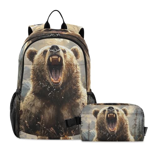 Animal Kids Backpack Roaring Bear School Bookbag with Lunch Bag for Boys Girls Preschool Kindergarten Elementary Laptop Daypack