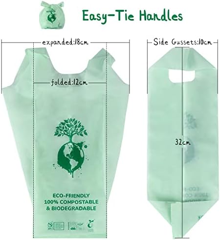 ANWA 100% Biodegradable Dog Poo Bags with Tie Handles, Compostable Dog Poo Bags with Handles Extra Thick Leak Proof, Corn Starch Unscented Dog Poop Bags with EN13432 Certification ASTM D6400 Standards