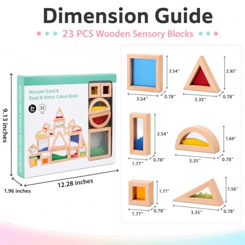 Image of 23 Pcs Rainbow Wooden Sensory Building Blocks for Toddlers,Gift for Kids | Colorful Geometric Stacking Toys with Beads, Sand & Mirror Blocks, Montessori STEM,Preschool Learning Educational Toys