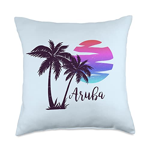 Aruba Beach Vacation Caribbean Cruise Retro Sunset Palm Tree Throw Pillow