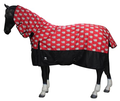 Horsemasters Combo Hippo Waterproof Turnout Rug 200g – Lightweight Full Neck Horse Rug | Breathable 600D Ripstop Material, Adjustable Straps, Shoulder Gussets & Fun Animal Print Design,Red