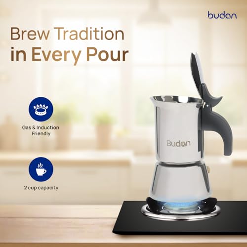 Image of Budan Moka Pot 2 Cup Stainless Steel Espresso Maker | Stovetop Coffee Maker | Works on Gas, Induction & Electric Stove | Durable Steel Body