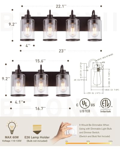 Image of Beionxii 3 Light Bathroom Light Fixtures, Oil Rubbed Bronze Vanity Lights with Clear Glass Shades, Vanity Lights Over Mirror, Wall Sconces for Kitchen Living Room Hallway Cabinet Porch, BX-VL01ORB-3CG