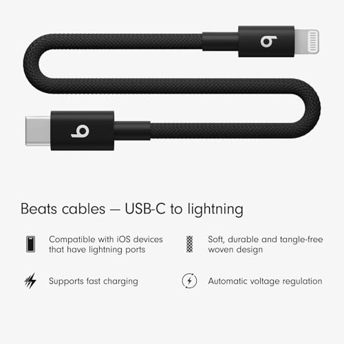 Image of Beats USB-USB-C to Lightning Woven Short Cable, Fast Charging, Durable /Tangle-Free, Compatible Charger for Apple Devices w Lightning Ports (20 cm) - Bolt Black