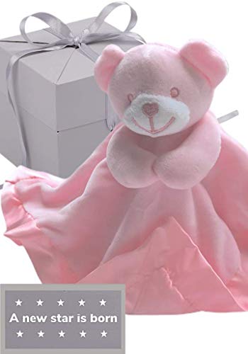BUSHBABY 'A new star is born' new baby gifts comfort blanket in box | baby girl gift pink for mum | baby comforters| plush teddy security blanket| baby soft toy| newborn baby gifts