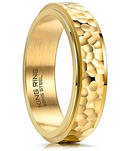 King Ring 6mm Spinner Hammered Ring â€“ Stress Relief Fidget Ring for Men & Women K39V2 â€“ Gold 09