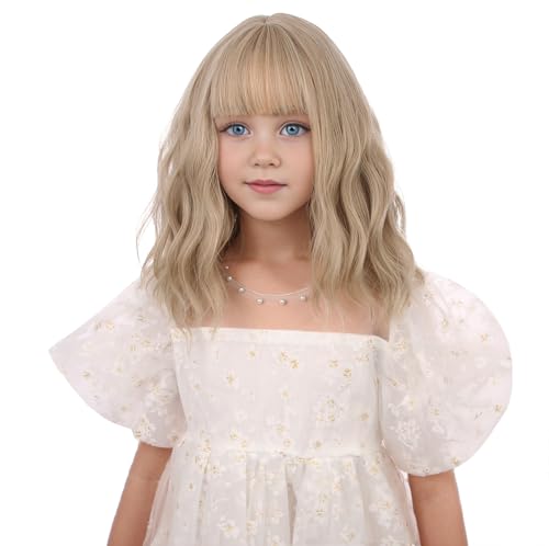 Image of Girls Ash Blonde Wig Kids Short Blond Wavy Curly Wig Blonde Wig with Air Bangs for Children Heat Resistant Synthetic Wig with Wig Cap