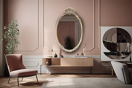 Prohomeware 20"*30"Gold Oval Mirror For Wall,Vintage Mirror, Arched Mirror,Carved Gothic Mirror Metal Frame Wall-Mounted Mirror For Home Decor Bathroom Ornate Entryways Living Rooms Dressing Mirror #TOP6