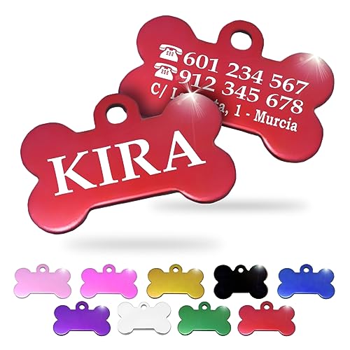 Ibera Gifts - Chapa Perro Grabada en Forma de Hueso, Placa Perro Personalizada para Perros y Gatos Pequeños y Medianos, Tamaño 30 x 20 mm, Chapa Identificativa Perro y Gato (Roja)