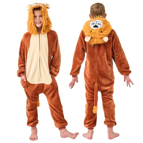 YLLSOPHAN Boys Onesie Pyjamas Fleece Girls Bear Lion Panda Bunny Gorilla Crocodile Winter Jumpsuit Sleepsuit Unisex Animal HoodieExtra Large (UK, Age, 7 Years, 8 Years, Regular, Lion)