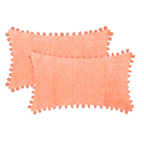 CaliTime Throw Pillow Covers Decorative 16 X 16 Inches Pack of 2 Cozy Solid Dyed Soft Chenille Cushion Cases with Pom Poms for Couch Sofa Bed Living Room Home Gold