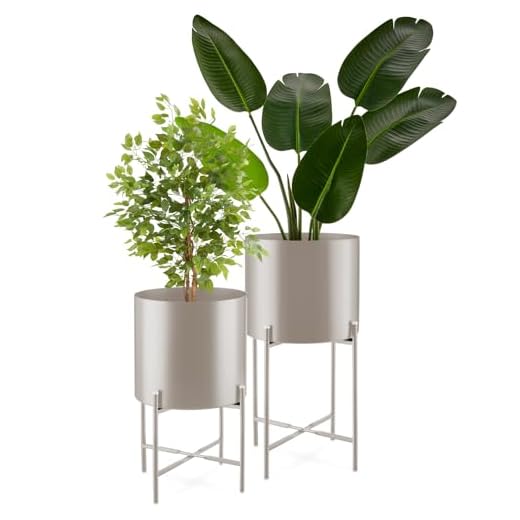 tectake® Pflanzenständer 2er Set, Blumenständer, Metall Blumentopf, abnehmbare Übertöpfe, Blumentöpfe als Deko Wohnzimmer, Übertopf für Innen und Außen, Blumenhocker mit Füßen und Übertopf - taupe