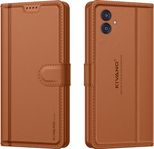 Image of KIVANO LUXE Compatible for Samsung Galaxy M04 / Samsung Galaxy F04 / Samsung A04e Luxury Handmade Leather Magnetic Flip Folio Case | Card Holder & Kickstand | Slim Protective Cover | Unisex - Brown