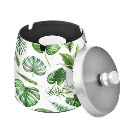 Cgiub Cenicero de hojas de palma con tapa, resistente al viento, acero inoxidable, cenicero para interiores y exteriores, sin olor, para patio,...