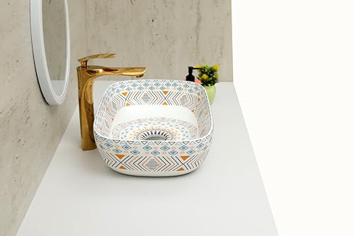 Image of Moroccan Design Ceramic Tabletop Wash Basin | Countertop Vessel Sink | Wash Basin over counter For Bathroom Hotel Home (18x13x5.5 Inch) (TORO 4014) (Moroccan Design 106)