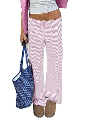 Women's Lounge Striped Wide Leg Pants, Low Rise Baggy Pajama Pants