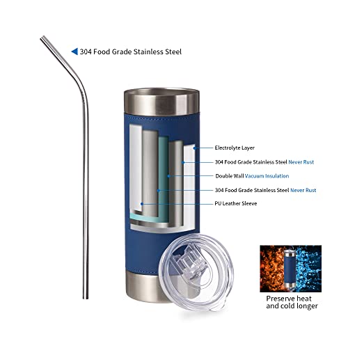 Craft Express Stainless Steel Skinny Tumbler 20 Oz For Xtool - Blue Laserable Pu Leather Sleeve Engraved Silver Logo - Vacuum Insulated Stainless Steel Tumbler With Lid And Straw 2 Pack #TOP3