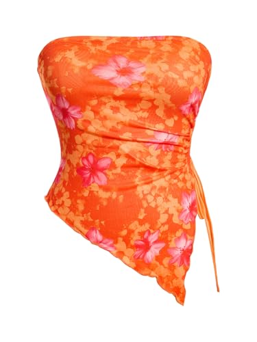Milumia Womens Floral Print Strapless Tube Top Ruched Drawstring Asymmetrical Tank Tops Mluti Orange Medium