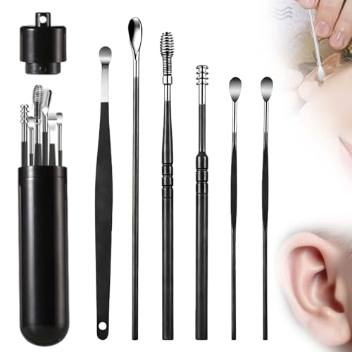 6 Pcs Ear Wax Removal Tool Set with Storage Tube, 2025 New Earwax Cleaner Tool Kit, Metal Ear Cleaner with Ear Picker Scooper Scraper for Adult Kid (Black)