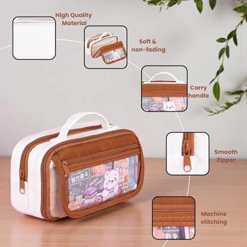 Image of Canvas School Bag Pencil Case, 3 Layer 6 Compartment Large Capacity, Aesthetic Pencil Pouch for Stationary, Cute Stationery for Kids, Pencil Case for Girls & Boys (Coffee /Cream)