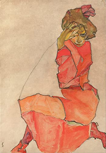 Toile Egon Schiele Femme en robe rouge-orange 50x70 cm pour habiller un mur vide avec élégance