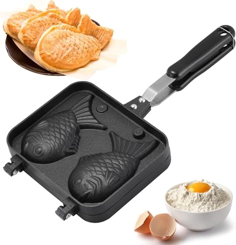 CYSFETENA Antihaft Taiyaki Waffeleisen, Aluminiumlegierung Takoyaki Pfanne, Schwarz 18x14x3.5cm Antihaftbeschichteter Taiyaki Bäcker für geburtstage Ostern Weihnachten