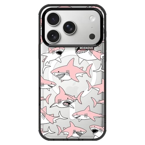 Coque iPhone 17 Pro transparente noire antichoc MagSafe motif requin rose