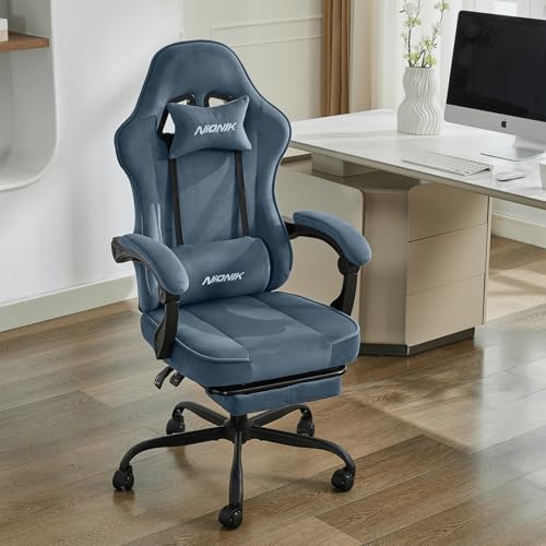 NIONIK ゲーミングチェア ベロア生地 オットマン付き オフェスチェア デスクチェア 幅広座面 ハイバック gaming chair ゲーム用チェア 通気性 座り心地よい 椅子 連動ひじ掛け 135°リクライニング PCゲーミングチェア パソコンチェア 四季適用 在宅ワーク 簡単組み立て (ブルー) [2]