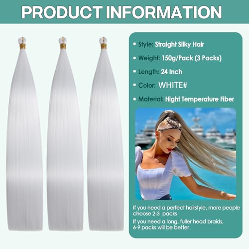 Locescsoc 24 Inch Bone Straight Braiding Hair 150g 3 Packs Straight Hair Extensions, Ariel Straight Hair Bundles, Silky Soft Synthetic Hair for Women (white, 24 Inch) by Locescsoc - Image 2