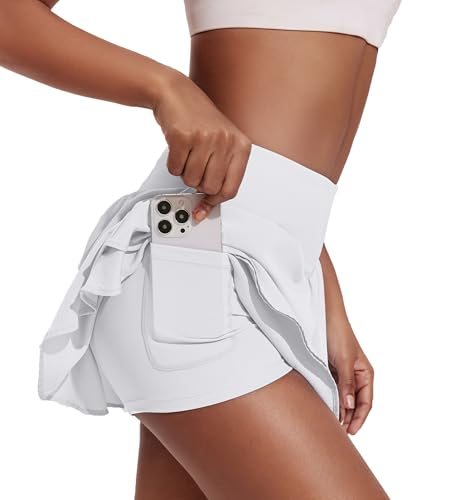 PINSPARK Tennis Skort Damen Plissiert Integriert Tennis Skort Crossover Waist V-Bund Tennis Skirt mit Innenshorts Perfekt für Sport Golf Hockey Weiß M