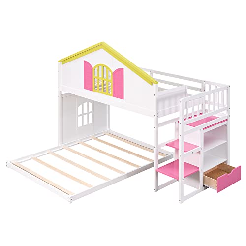 Harper & Bright Designs Twin Over Full House Bunk Bed With Storage Stairs Wood Playhouse Bunk Bed With Shelves And Drawer Floor Bunked Frame For Kids Boys Girls Teens, White #TOP5