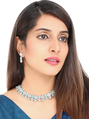 Image of Yellow Chimes Jewellery Set for Women and Girls American Diamond Jewellery Set | Rosegold Rhodium Plated AD Necklace Set for Women | Birthday Gift for Girls & Women