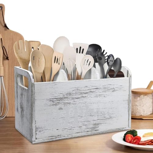 Caaddy- Organizador de herramientas de cocina, caja de almacenamiento de cubiertos, organizador de utensilios con múltiples compartimentos, contenedor de cocina estilo granja con asas, caja