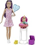 barbie cuida bebes recien nacidos La muñeca canguro Skipper lleva un vestido rosa con estampado de confeti y zapatillas blancas, y el bebé tiene un pañal de quita y pon y un biberón.