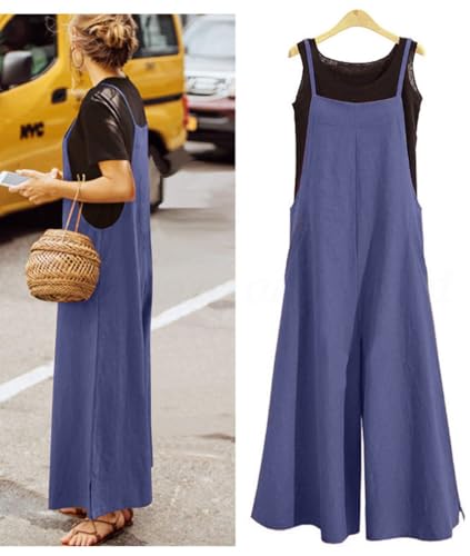 Image of YESNO Women Casual Loose Long Bib Pants Wide Leg Jumpsuits Baggy Cotton Rompers Overalls with Pockets PZZTYP2