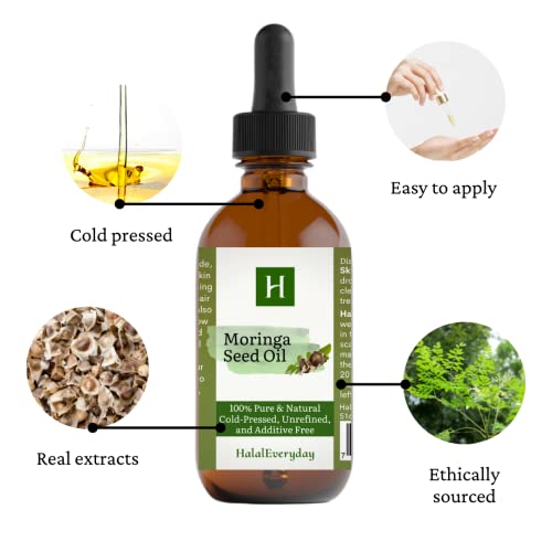 HalalEveryDay Pure Moringa Oil Cold Pressed, 100% Pure For Hair, Face, Body, and Lip care for making Lotion For Dry Skin, Makeup Remover, Vitamin C Serum, 4 Ounce Glass Bottle with Dropper