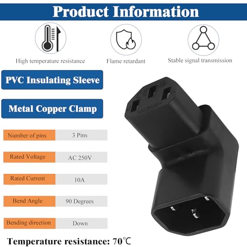 MejaRizon 2 Pack 90 Degrees Down, IEC 320 C14 to C13, Angled IEC Power Adapter, 3 Pin 250V 10A Angled Power Cable, C13 to C14 Plug for PDU, UPS, Computers and HDTV