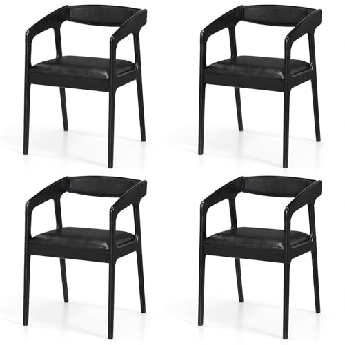 Image of COSTWAY Dining Chairs with Arms Set of 4, Mid Century Modern Wooden Accent Chairs with Faux Leather Seat & Padded Backrest, Kitchen Side Armchairs for Living Dining Reading Room, Black & Black