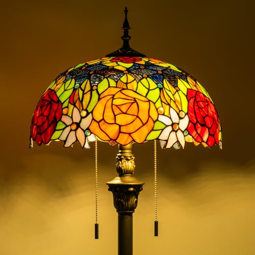 Image of Tiffany Style Floor Lamp, 16 inch Stained Glass Rose Floral Shade with Antique Bronze Base, 2-Light E26 Pull Chain Standing Reading Light for Living Room, Bedroom, UL Listed, 16x16x64 Inches