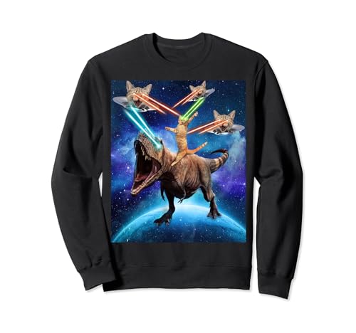 Space Cat Riding Dinosaur T rex Laser Eyes UFO Funny Cats Sweatshirt