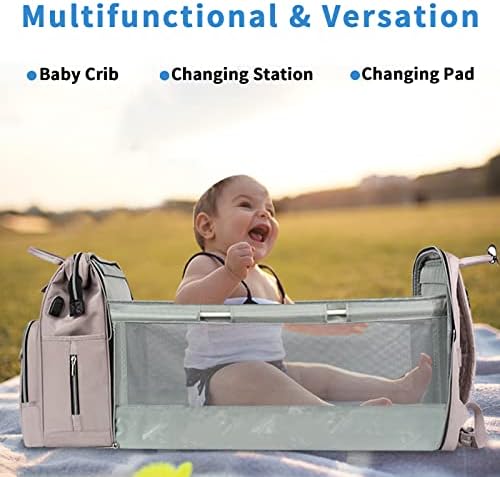 EMPSIGN Baby Changing Bag Backpack, Large Nappy Back Pack Multifunction Baby Bags, Portable Travel Diaper Bag with Foldable Cot Bed, USB Charging Baby Bag for Mom, Dusty Pink